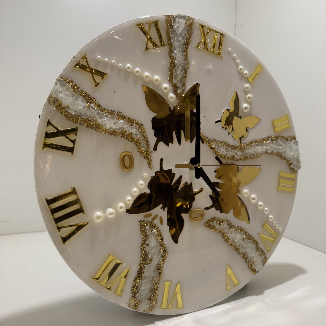 Butterfly Roman Numeral Wall Clock – 16-Inch White & Gold Design
