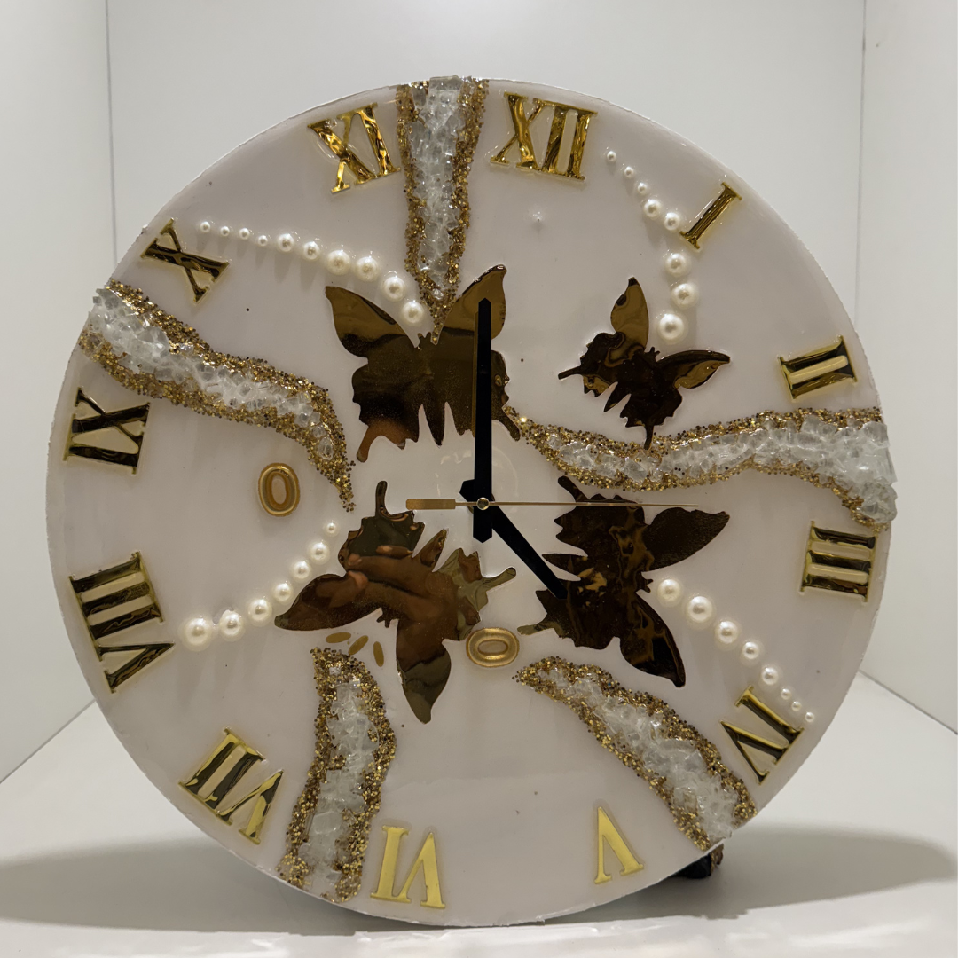 Butterfly Roman Numeral Wall Clock – 16-Inch White & Gold Design