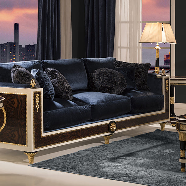 Elegant Dark Blue Velvet Sofa with Opulent Details