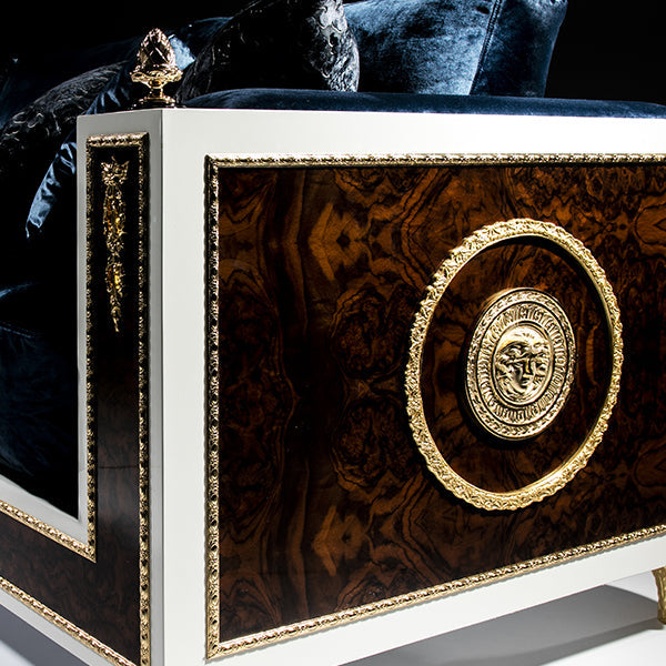 Elegant Dark Blue Velvet Sofa with Opulent Details