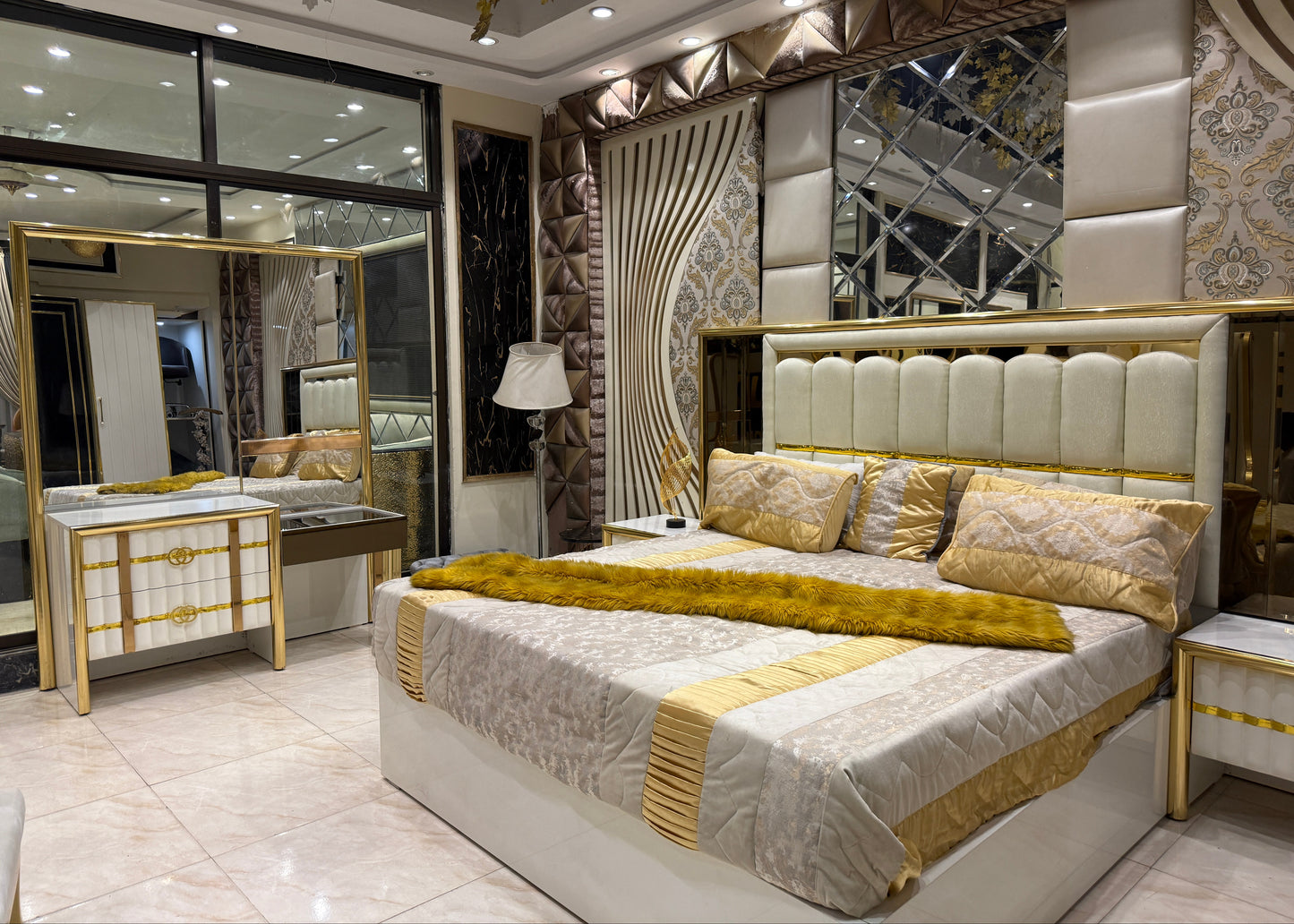 Modern White & Gold Luxury Bedroom Set – King Bed with Dresser, Side Tables & Upholstered Headboard