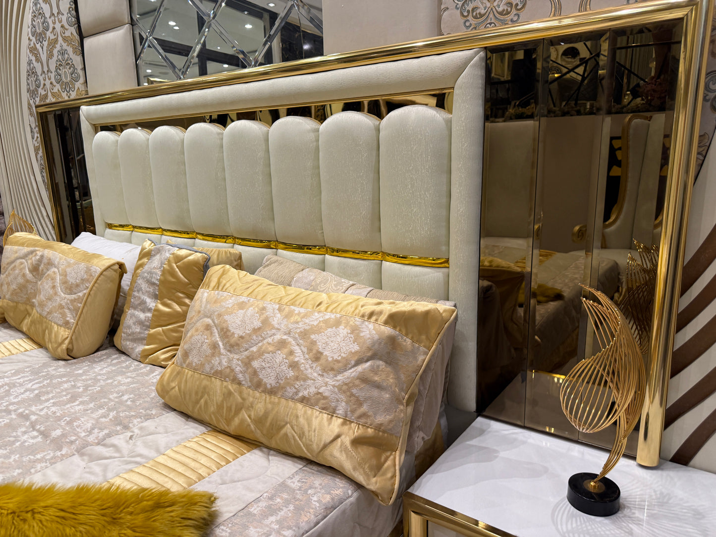 Modern White & Gold Luxury Bedroom Set – King Bed with Dresser, Side Tables & Upholstered Headboard