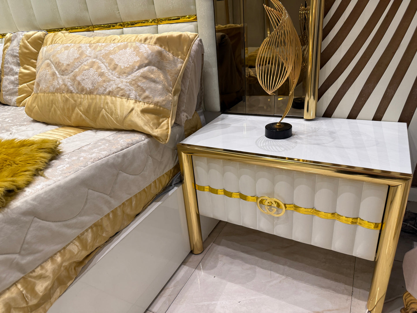 Modern White & Gold Luxury Bedroom Set – King Bed with Dresser, Side Tables & Upholstered Headboard