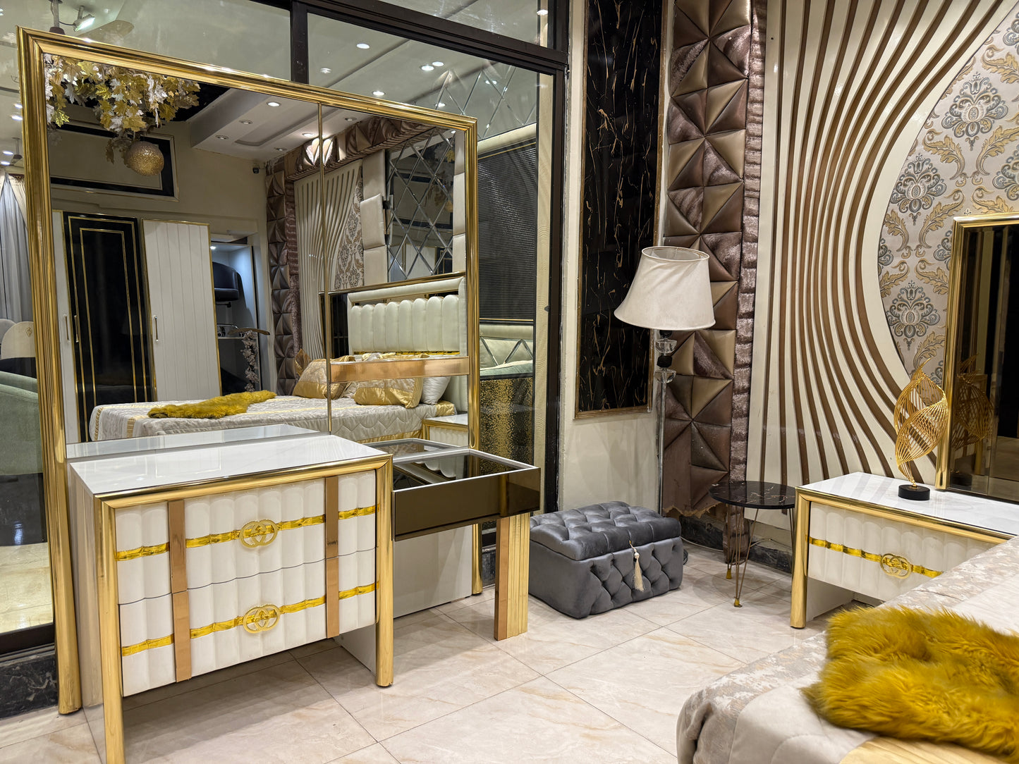 Modern White & Gold Luxury Bedroom Set – King Bed with Dresser, Side Tables & Upholstered Headboard