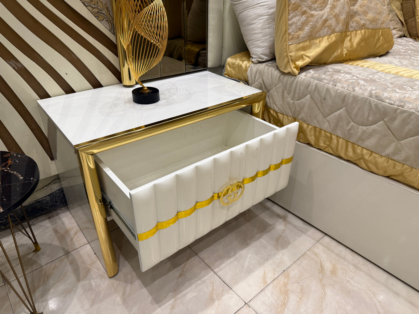 Modern White & Gold Luxury Bedroom Set – King Bed with Dresser, Side Tables & Upholstered Headboard