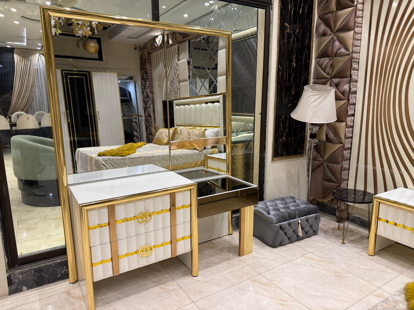 Modern White & Gold Luxury Bedroom Set – King Bed with Dresser, Side Tables & Upholstered Headboard