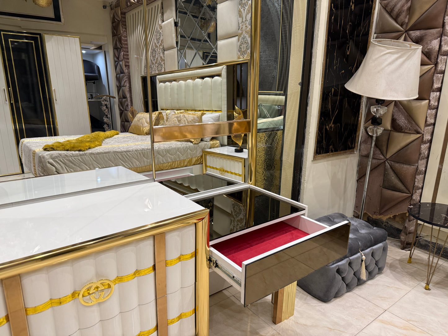 Modern White & Gold Luxury Bedroom Set – King Bed with Dresser, Side Tables & Upholstered Headboard