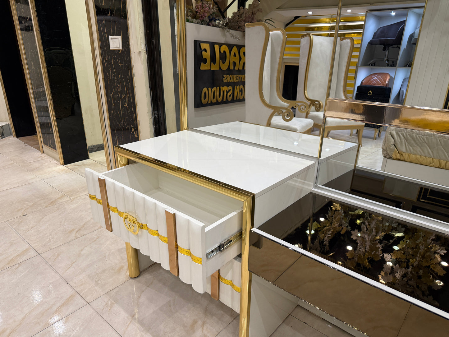 Modern White & Gold Luxury Bedroom Set – King Bed with Dresser, Side Tables & Upholstered Headboard