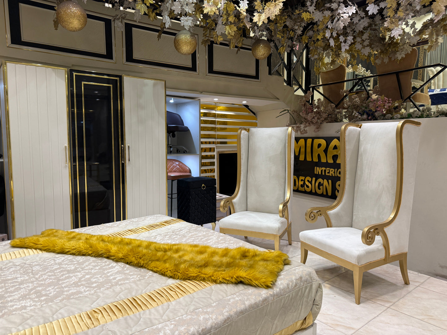 Modern White & Gold Luxury Bedroom Set – King Bed with Dresser, Side Tables & Upholstered Headboard