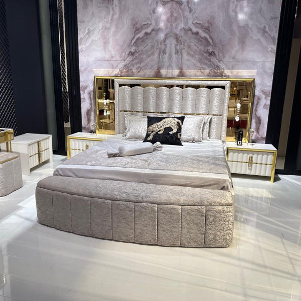 Luxury Upholstered Bedroom Set with Mirrored Wardrobe and Gold Accents