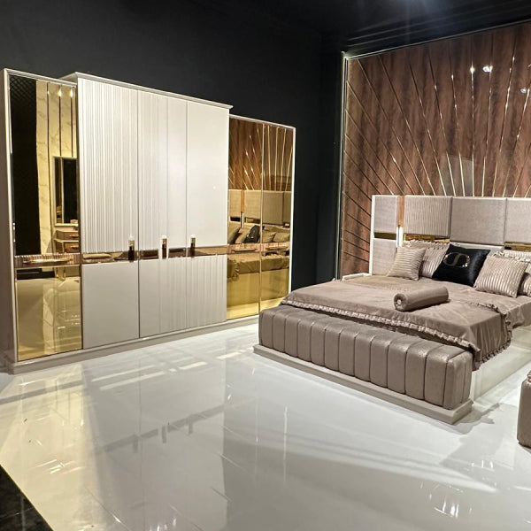 Modern Upholstered Bedroom Set with Mirrored Doors and Gold Accents