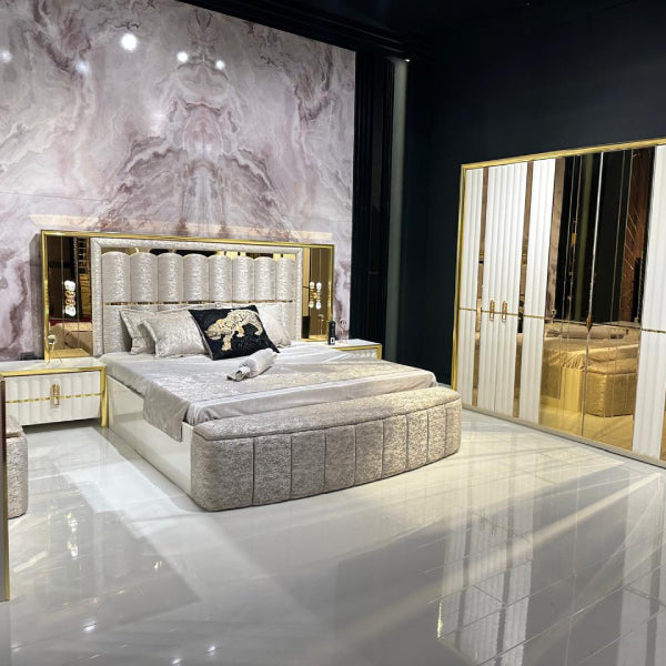 Luxury Upholstered Bedroom Set with Mirrored Wardrobe and Gold Accents