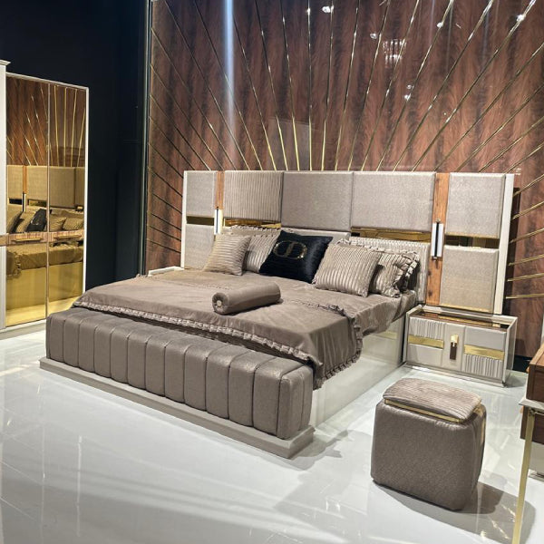 Modern Upholstered Bedroom Set with Mirrored Doors and Gold Accents