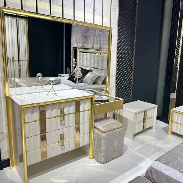 Luxury Upholstered Bedroom Set with Mirrored Wardrobe and Gold Accents