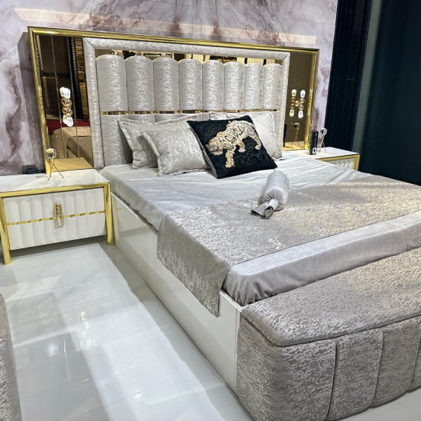 Luxury Upholstered Bedroom Set with Mirrored Wardrobe and Gold Accents