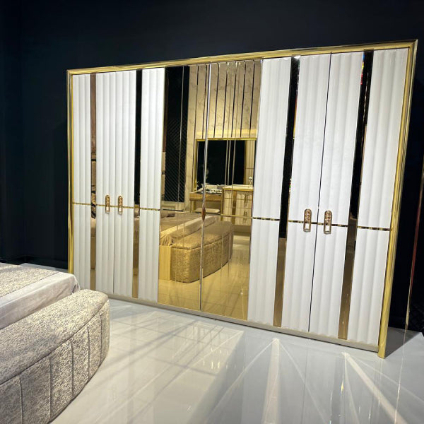 Luxury Upholstered Bedroom Set with Mirrored Wardrobe and Gold Accents