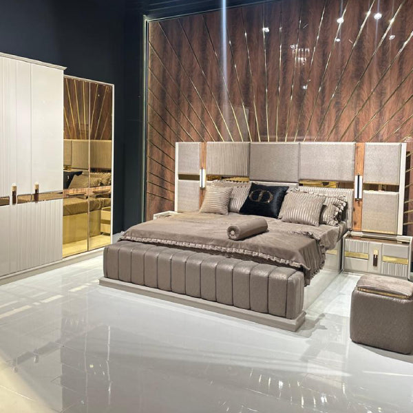 Modern Upholstered Bedroom Set with Mirrored Doors and Gold Accents