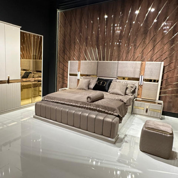 Modern Upholstered Bedroom Set with Mirrored Doors and Gold Accents