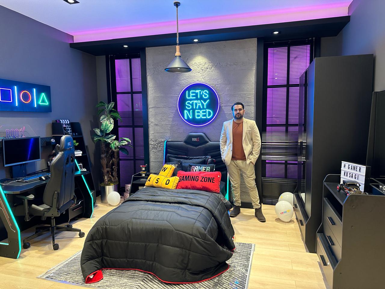 Modern Gaming Bedroom Set with LED Lighting, Ergonomic Chair, and Gaming Themed Decor for Gamers