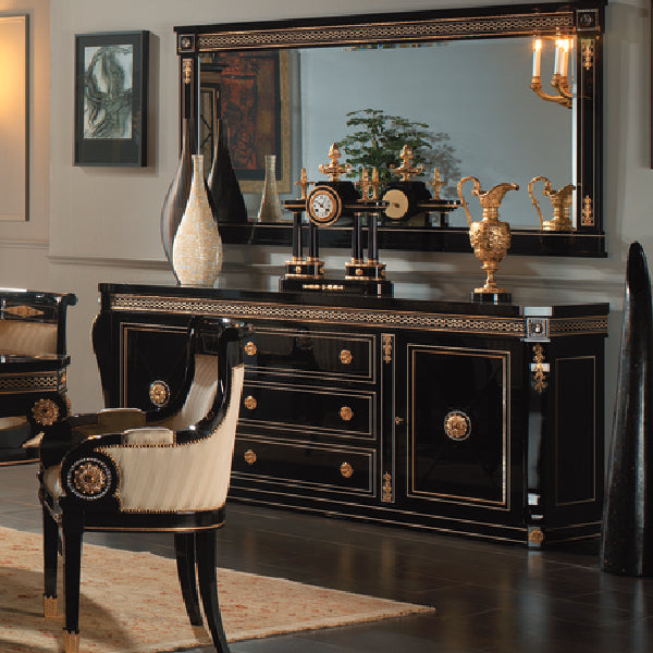 Sophisticated Black Sideboard with Mirror and Elegant Accents