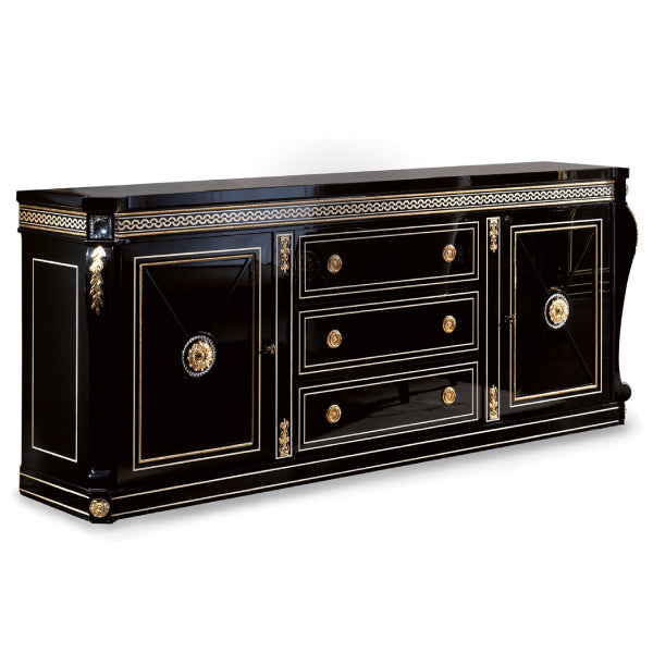Luxurious Black Sideboard with Gold Accents and Intricate Detailing