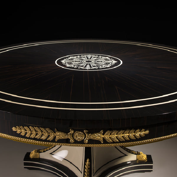 Luxurious Round Dining Table with Elegant Gold and Mirrored Accents
