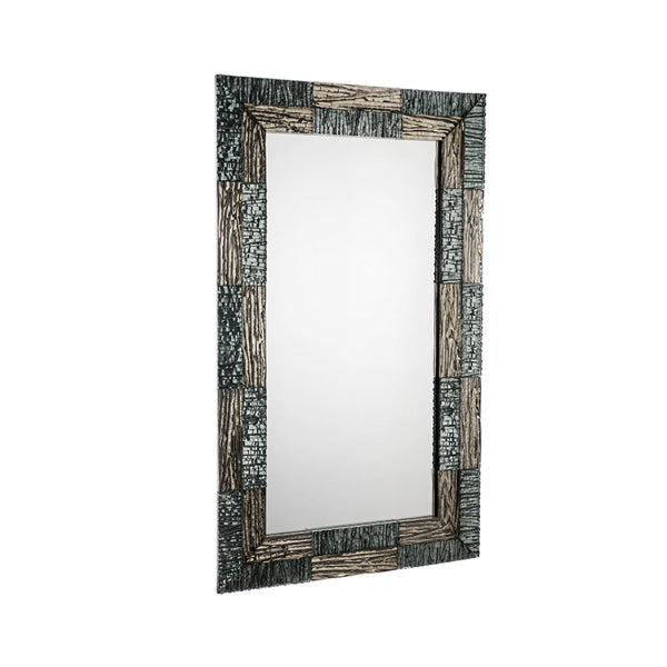 Elegant Rectangular Mirror with Textured Green and Silver Frame