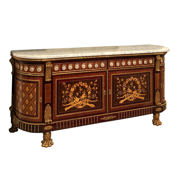 Elegant Curved Sideboard with Marble Top and Intricate Inlays
