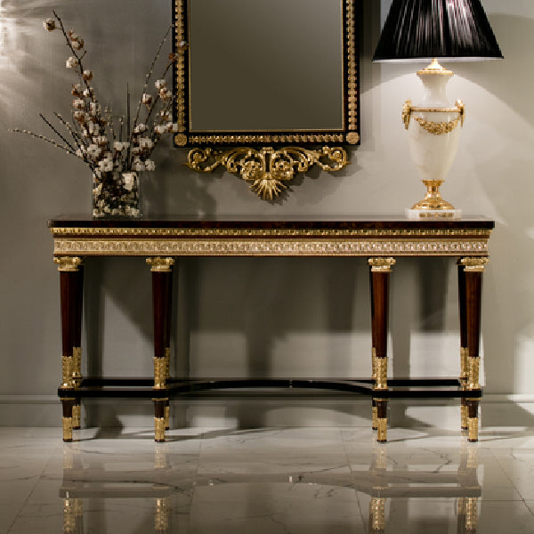 Sophisticated Console Table with Dark Wood Finish and Gold Accents