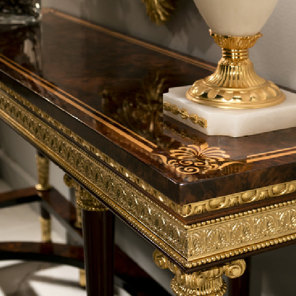 Sophisticated Console Table with Dark Wood Finish and Gold Accents