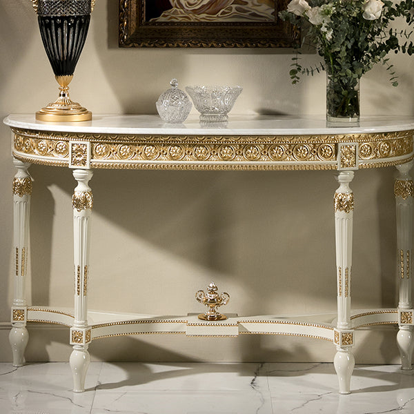 Elegant Demi-Lune Console Table with Marble Top and Gold Accents
