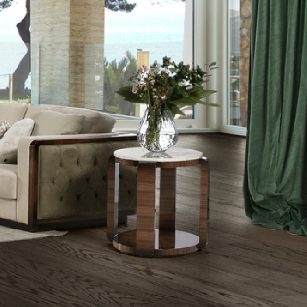 Sleek Oval Side Table with Marble and Wood Elements