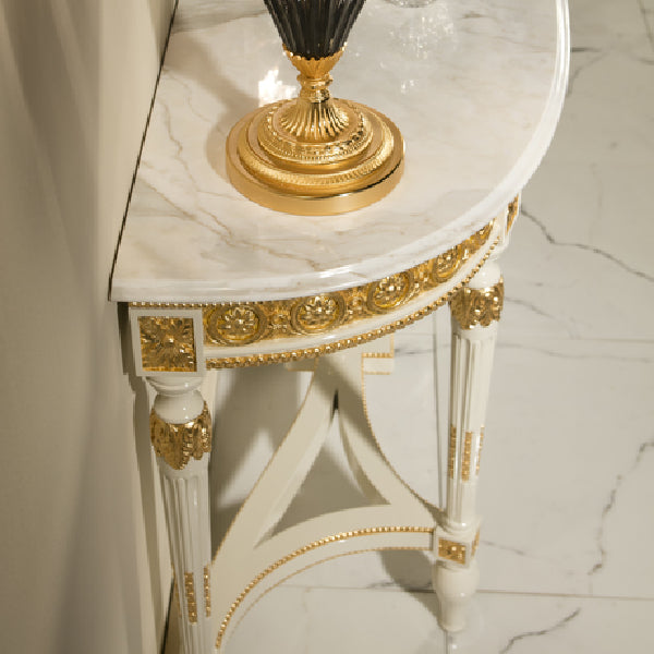 Elegant Demi-Lune Console Table with Marble Top and Gold Accents