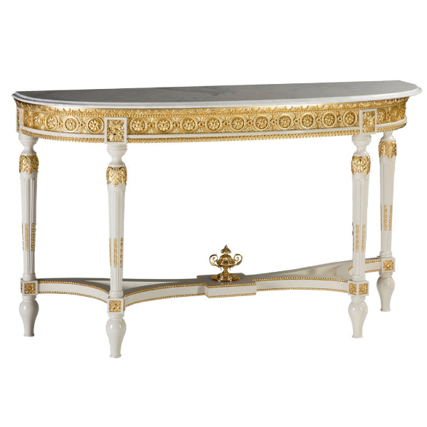 Elegant Demi-Lune Console Table with Marble Top and Gold Accents
