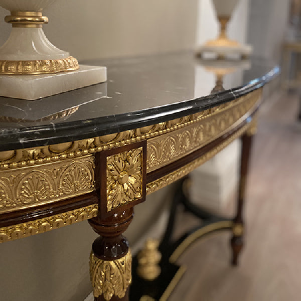 Elegant Demi-Lune Console Table with Black Marble Top and Gold Embellishments