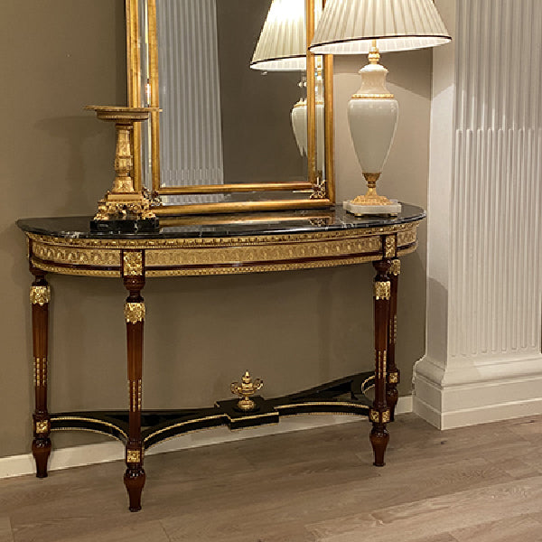 Elegant Demi-Lune Console Table with Black Marble Top and Gold Embellishments