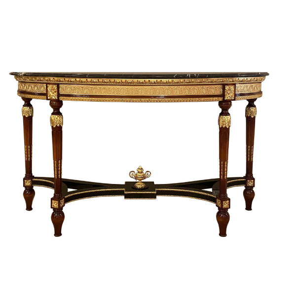 Elegant Demi-Lune Console Table with Black Marble Top and Gold Embellishments