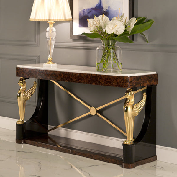 Striking Console Table with Winged Figure Accents and Rich Wood Finish