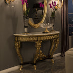 Exquisite Demi-Lune Console Table with Marble Top and Intricate Gold Accents