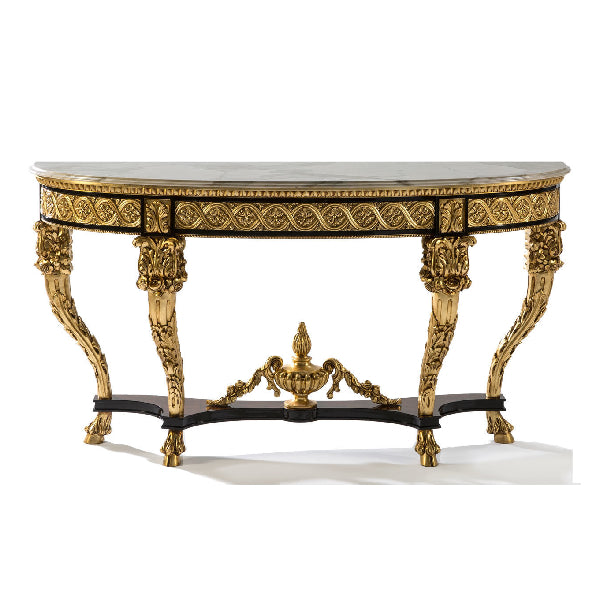 Exquisite Demi-Lune Console Table with Marble Top and Intricate Gold Accents