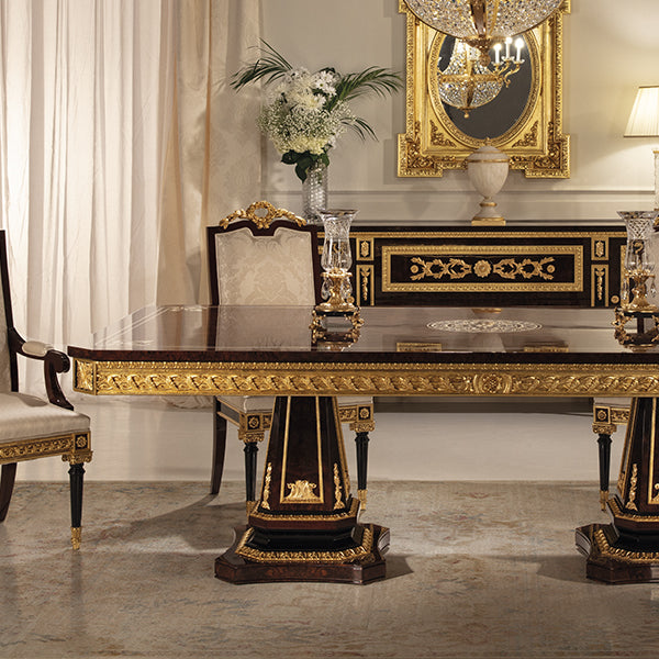 Elegant Rectangular Dining Table with Intricate Gold Detailing
