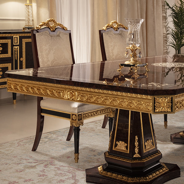 Elegant Rectangular Dining Table with Intricate Gold Detailing