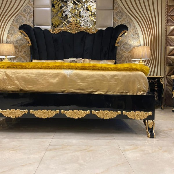 Luxury King-Size Bed with Golden Leaf Details and Velvet Cushions
