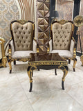 Royal Opulence: Carved Wooden Armchairs and Coffee Table Set