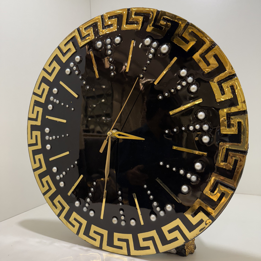 Modern Greek Key Wall Clock – 16-Inch Black & Gold with Pearl Accents – High-quality home furnishing
