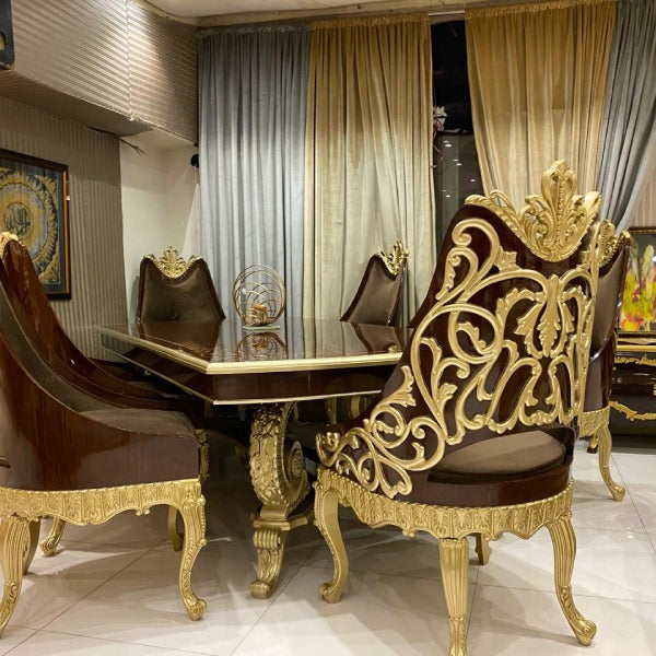 Luxurious Leather Upholstered Dining Chairs with Gold Leaf Accents