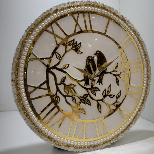 Romantic Bird-Inspired Wall Clock – 16-Inch White & Gold Roman Numeral Design – High-quality home furnishing