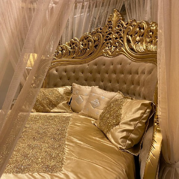 Grand Round Bed with Velvet Upholstery and Golden Accents