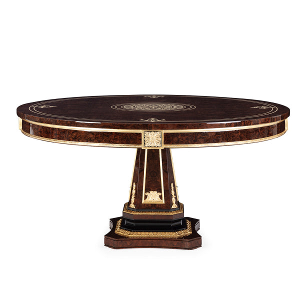 Opulent Round Dining Table with Intricate Inlays and Gold Accents