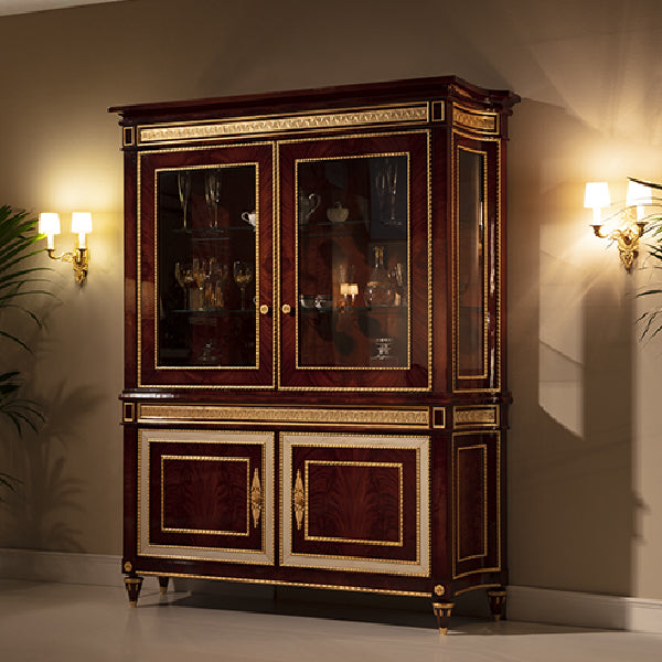 Sophisticated Display Cabinet with Glass Doors and Intricate Inlay